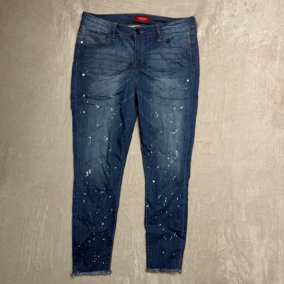 GUESS Women's Blue Denim Jeans Paint Splatter Distressed Frayed Hem Size 28 - Picture 7 of 10